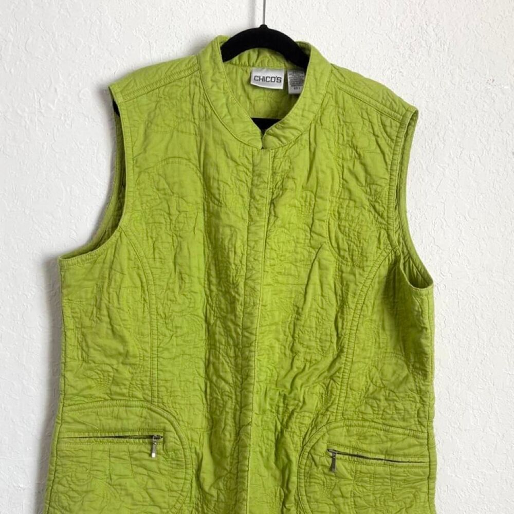Chico’s Size 2 Lime Green Quilted Floral Vest Cotton Zip Pocket Sleeveless